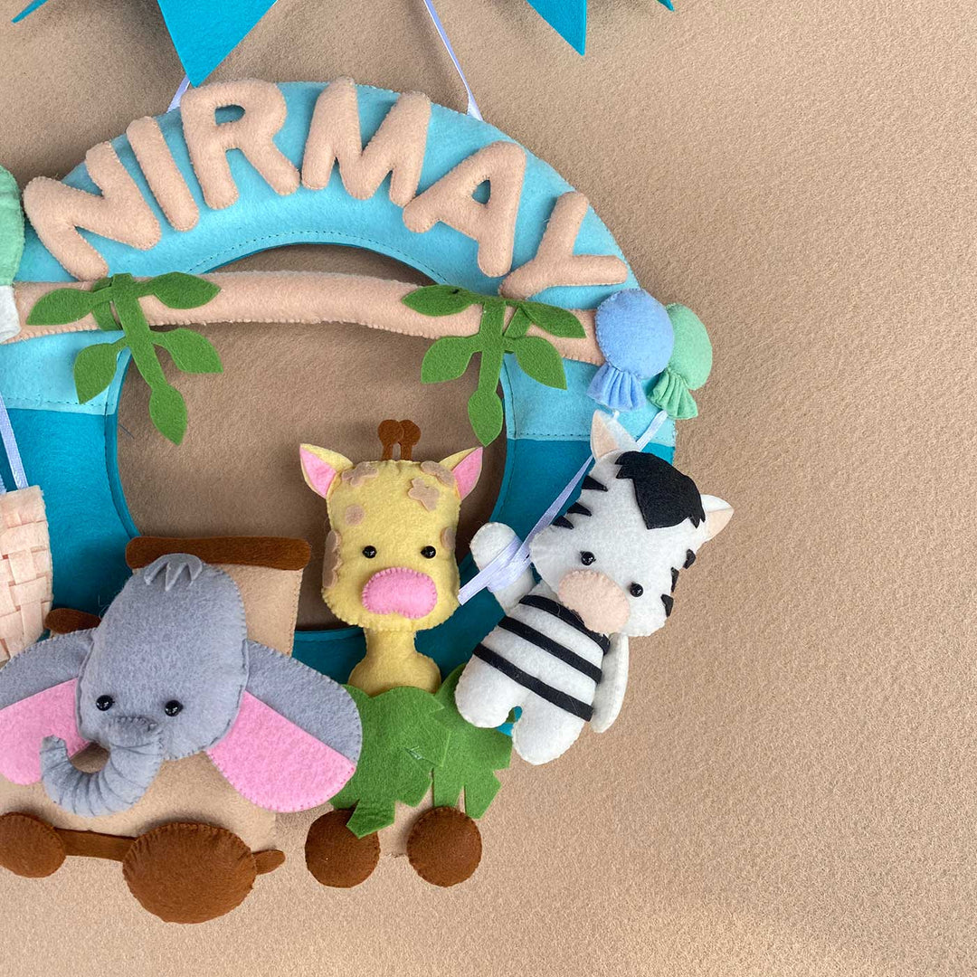 Personalized Kids Jungle Themed Round Felt Nameplate - Front View with Name Personalization