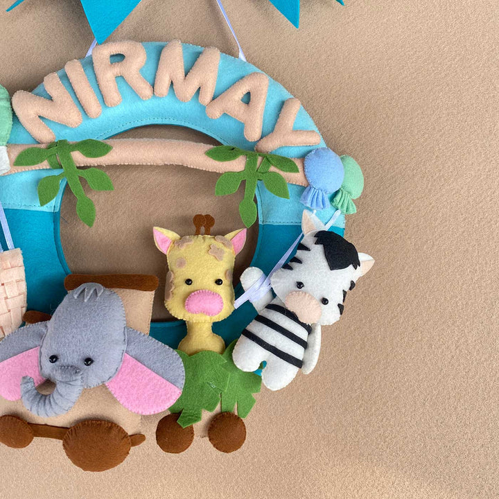 Personalized Kids Jungle Themed Round Felt Nameplate - Front View with Name Personalization