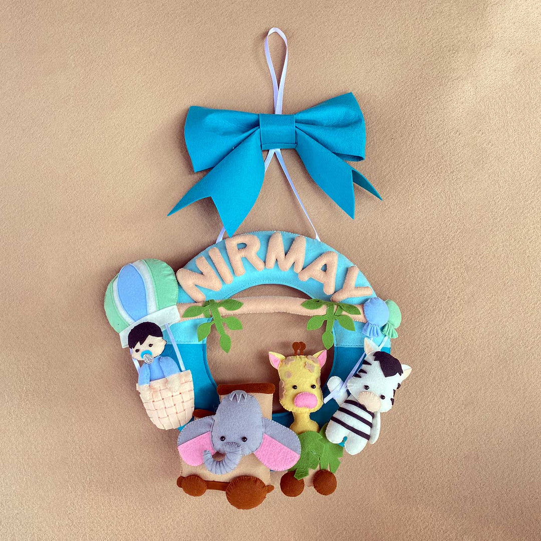 Personalized Kids Jungle Themed Round Felt Nameplate - Hanging Front View with Name Personalization