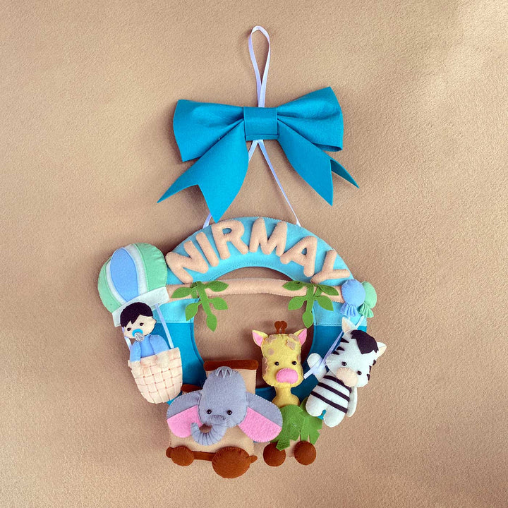 Personalized Kids Jungle Themed Round Felt Nameplate - Hanging Front View with Name Personalization