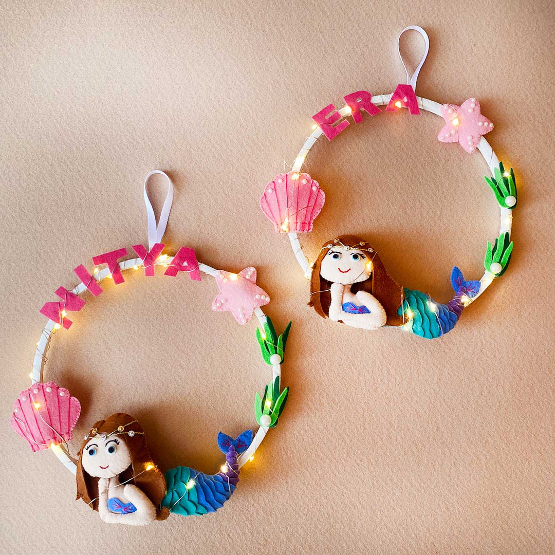 Personalized Mermaid Theme Fairy Lights Kid's Felt Hoop Nameplate