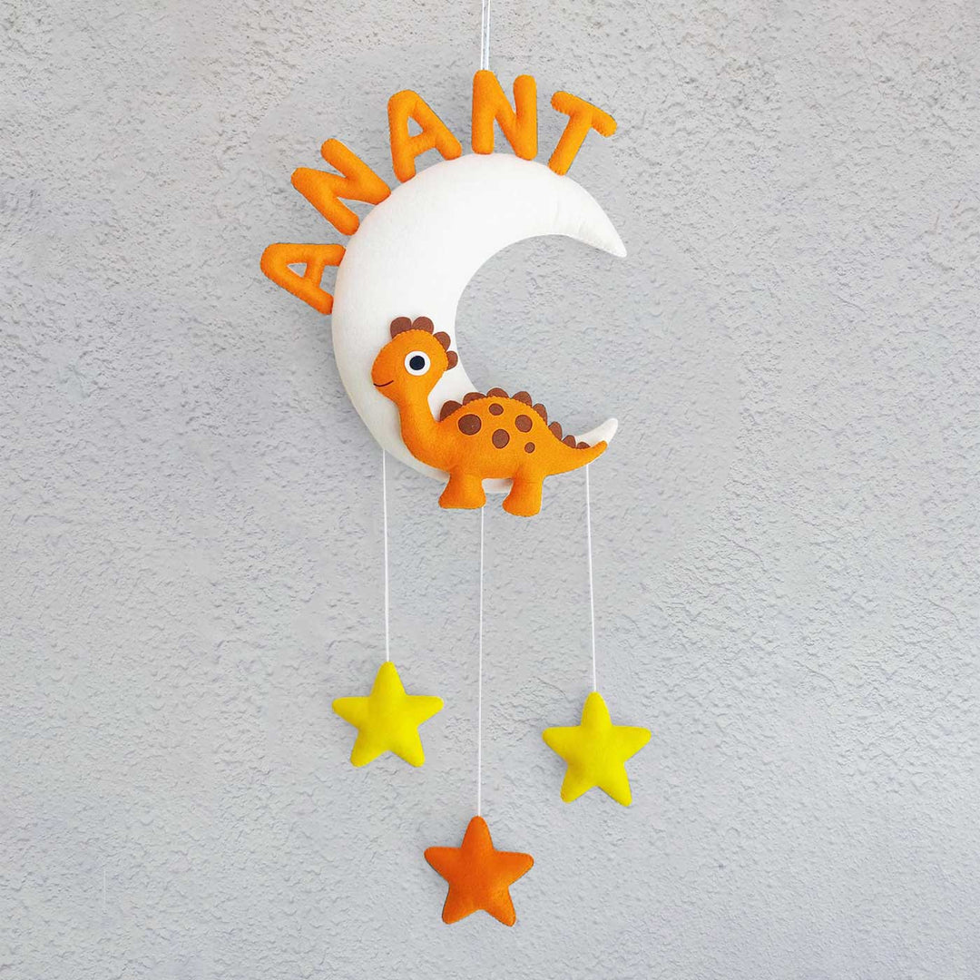 Handmade Personalized Dino On Moon Felt Kids Name Hanging With 3D letters