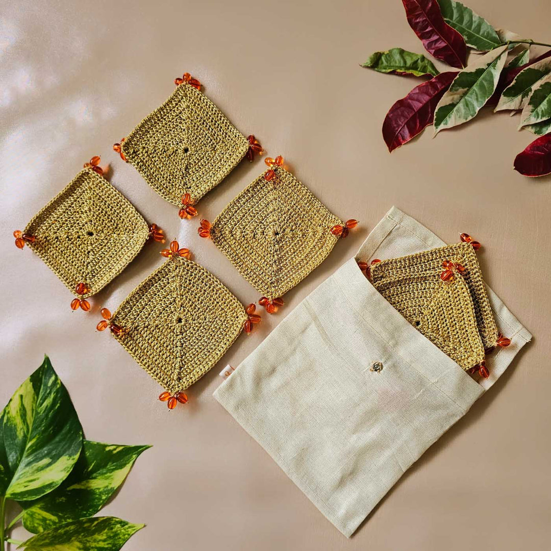 Handmade Crochet Orange Coaster | Set Of 6