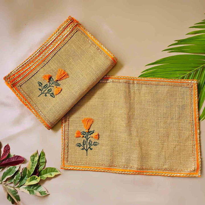 Handmade Marigold Design Classic Gift Hamper | Includes 6 Placemats, 6 Table Mats, 4 Diyas And 1 Gift Box