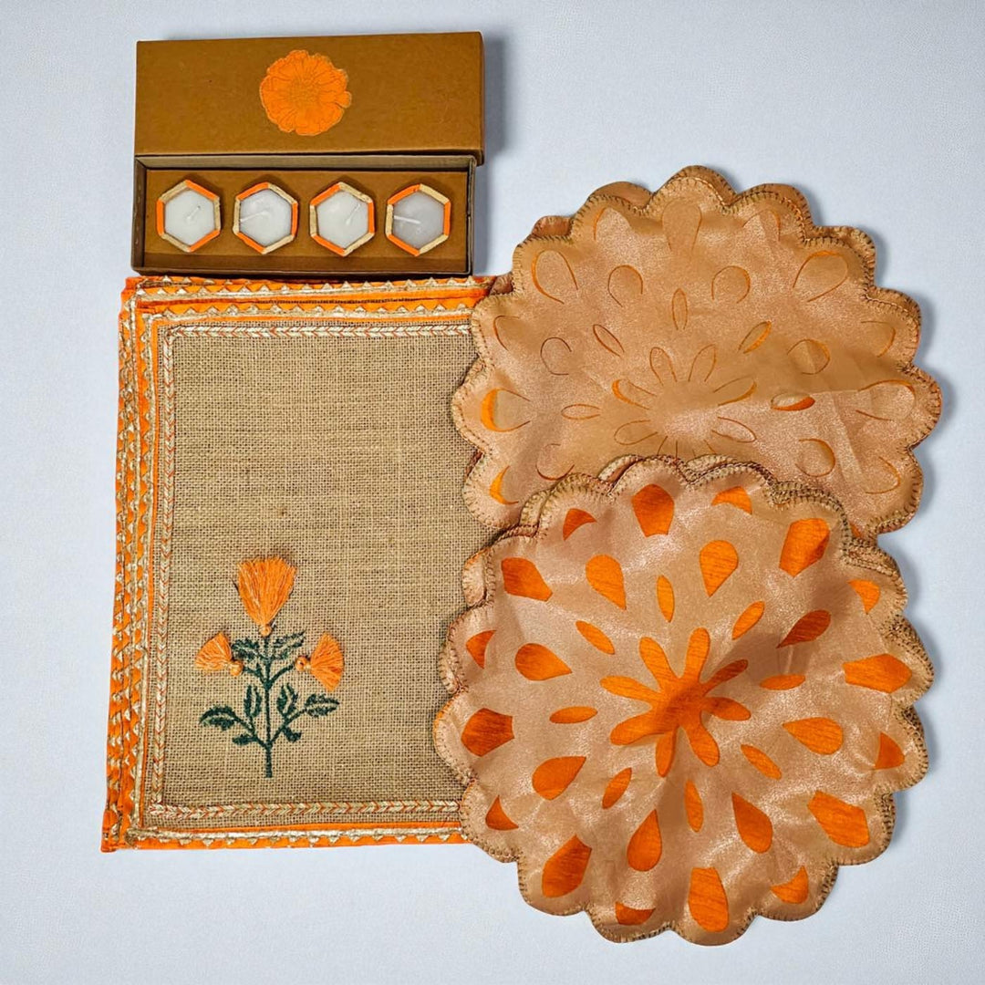 Handmade Marigold Design Classic Gift Hamper | Includes 6 Placemats, 6 Table Mats, 4 Diyas And 1 Gift Box