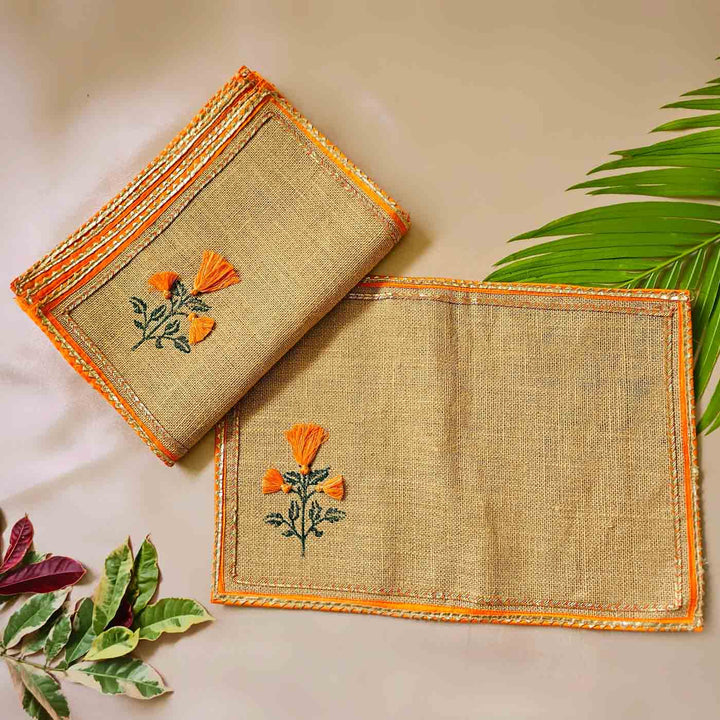 Handmade Marigold Design Grand Gift Hamper | Includes 1 Runner, 6 Table Mats, 6 Napkins, 6 Napkin Rings And 1 Gift Box