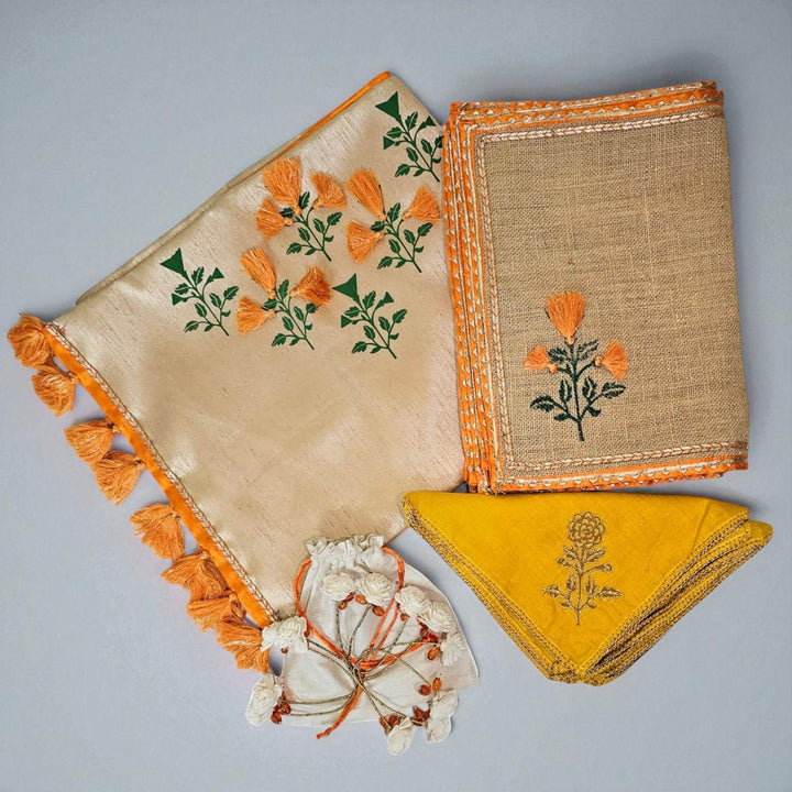 Handmade Marigold Design Grand Gift Hamper | Includes 1 Runner, 6 Table Mats, 6 Napkins, 6 Napkin Rings And 1 Gift Box