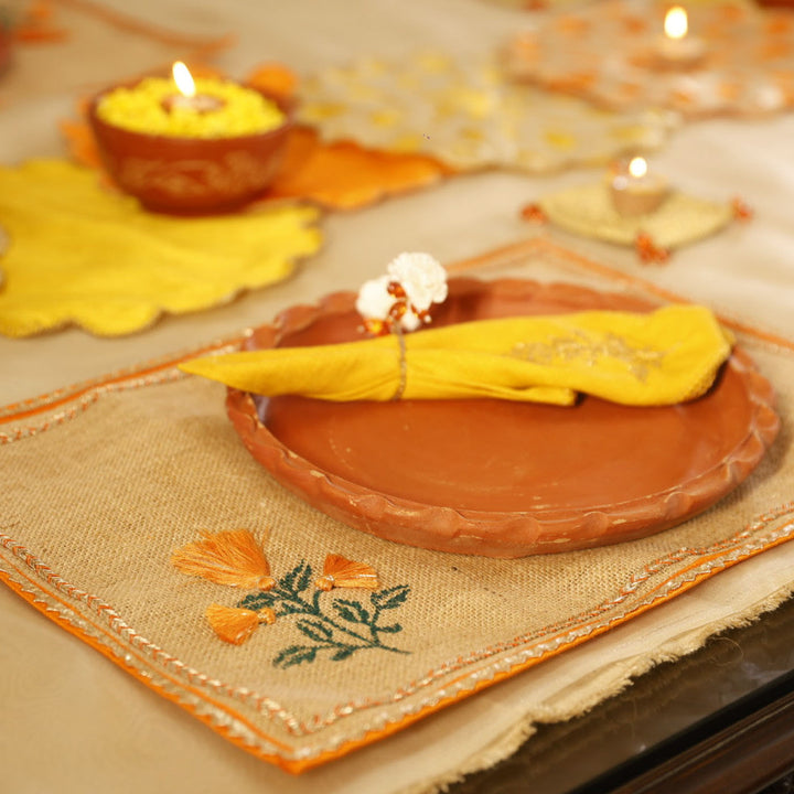 Handmade Marigold Design Jute Table Mat | Set Of 6
