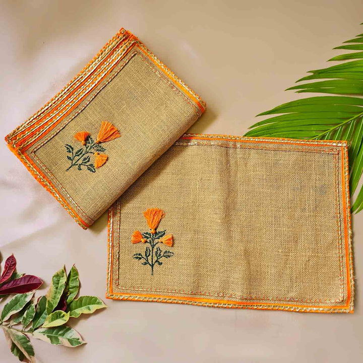 Handmade Marigold Design Jute Table Mat | Set Of 6