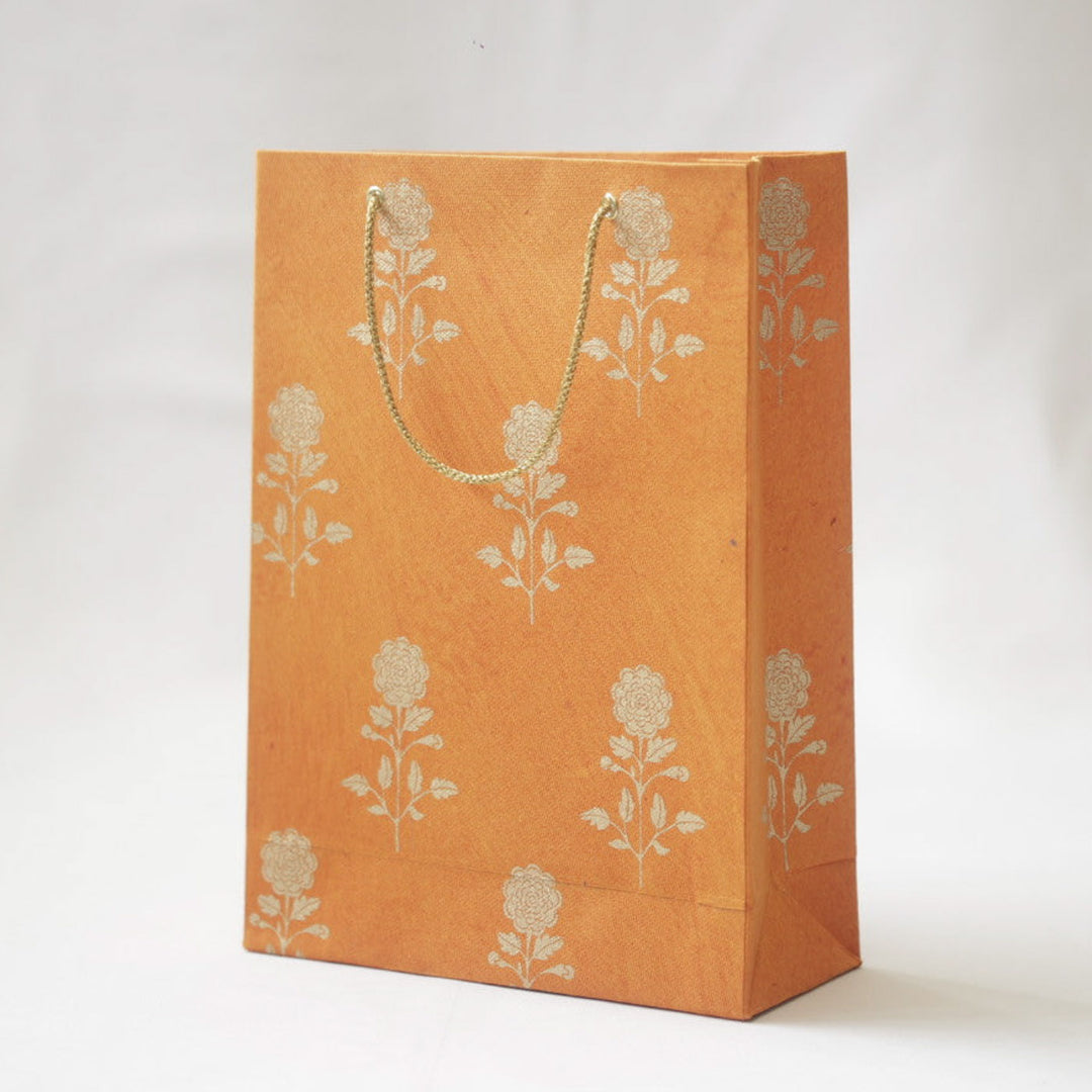 Handmade Orange Marigold Design Paper Tote Bag | Set Of 3