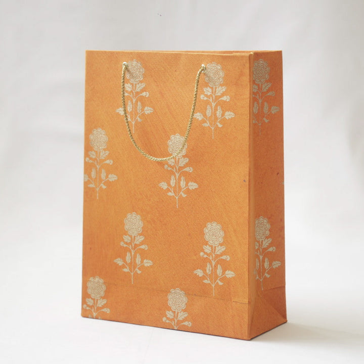 Handmade Orange Marigold Design Paper Tote Bag | Set Of 3