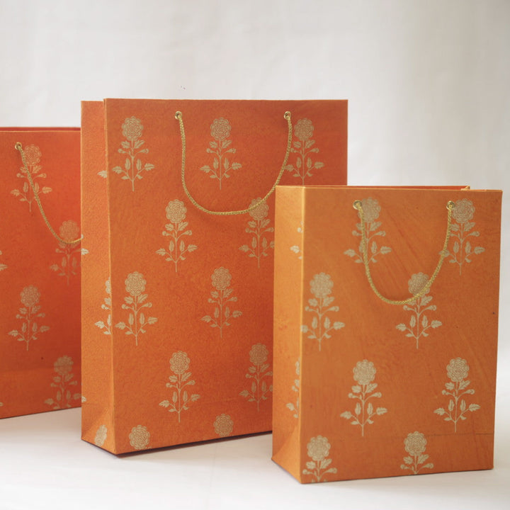 Handmade Orange Marigold Design Paper Tote Bag | Set Of 3