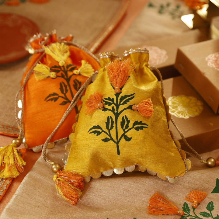 Handmade Marigold Design Silk Potli
