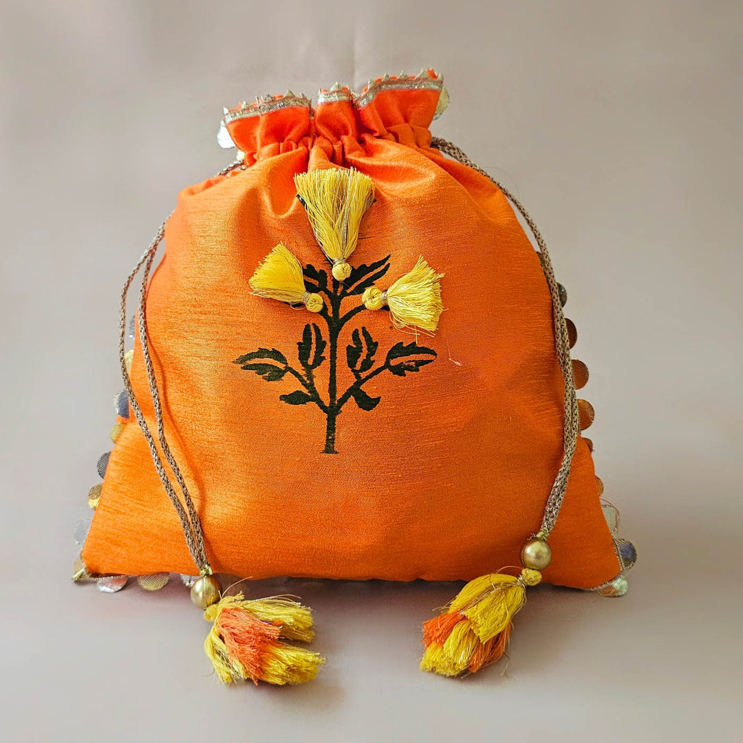 Handmade Marigold Design Silk Potli