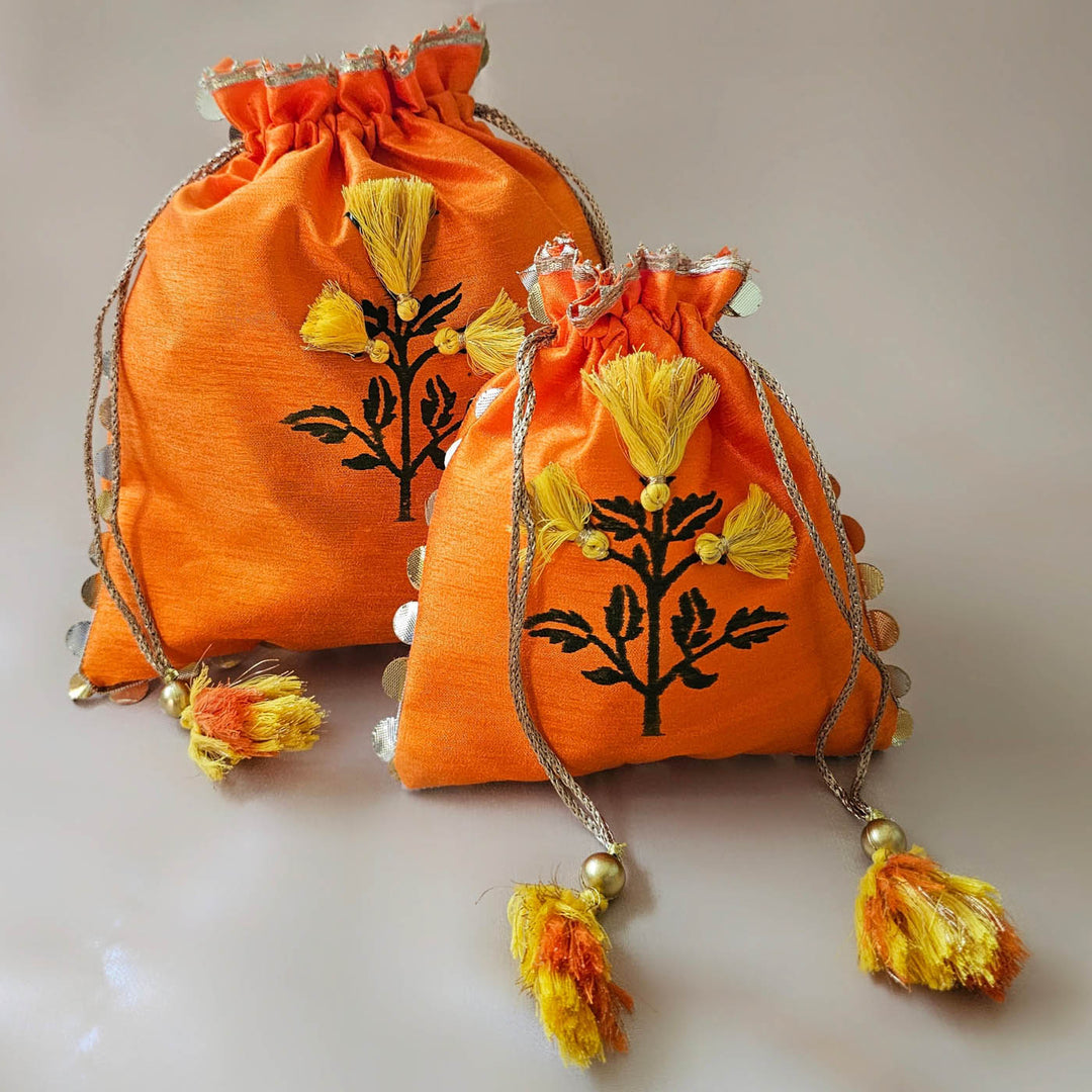 Handmade Marigold Design Silk Potli