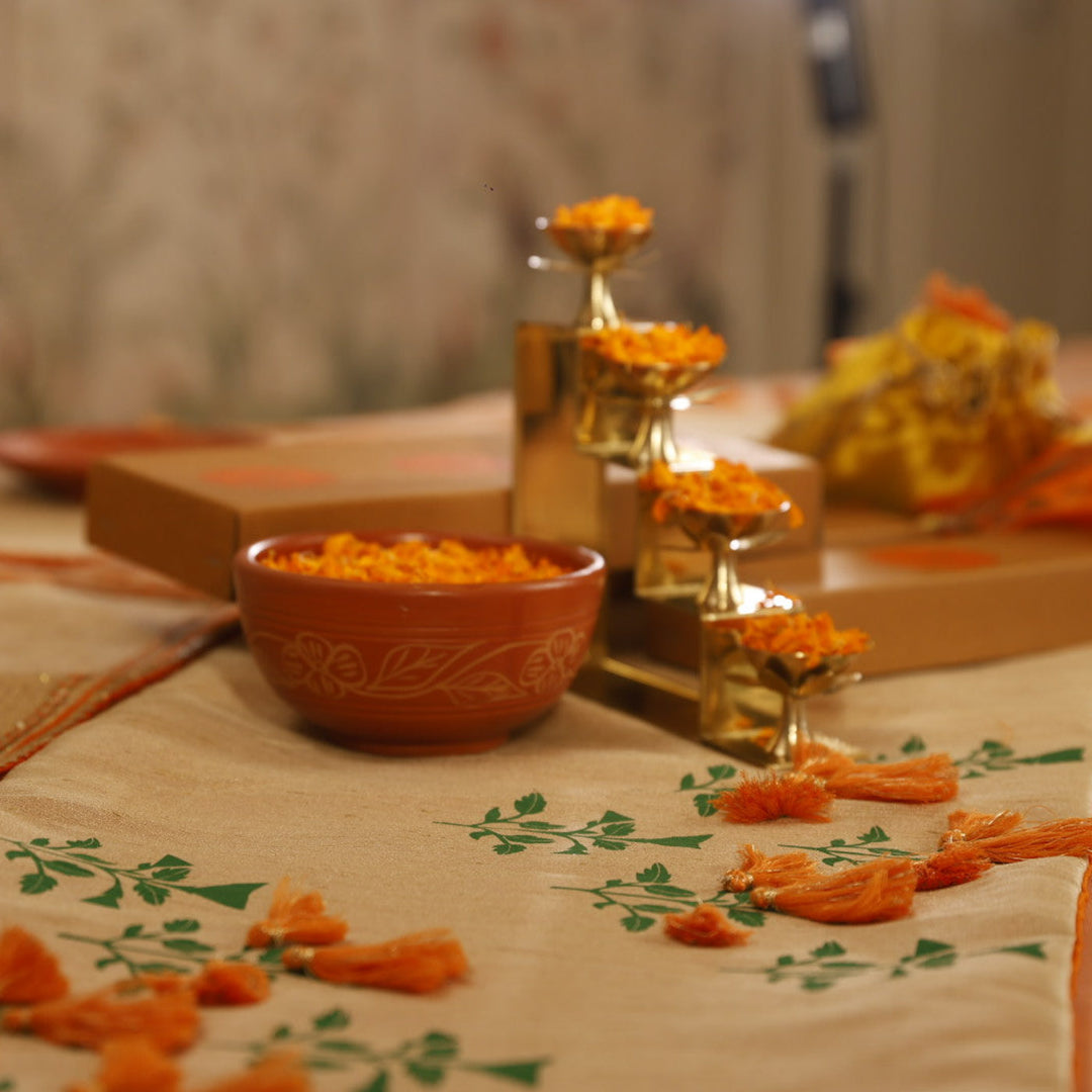Handmade Marigold Flower Design Silk Table Runner