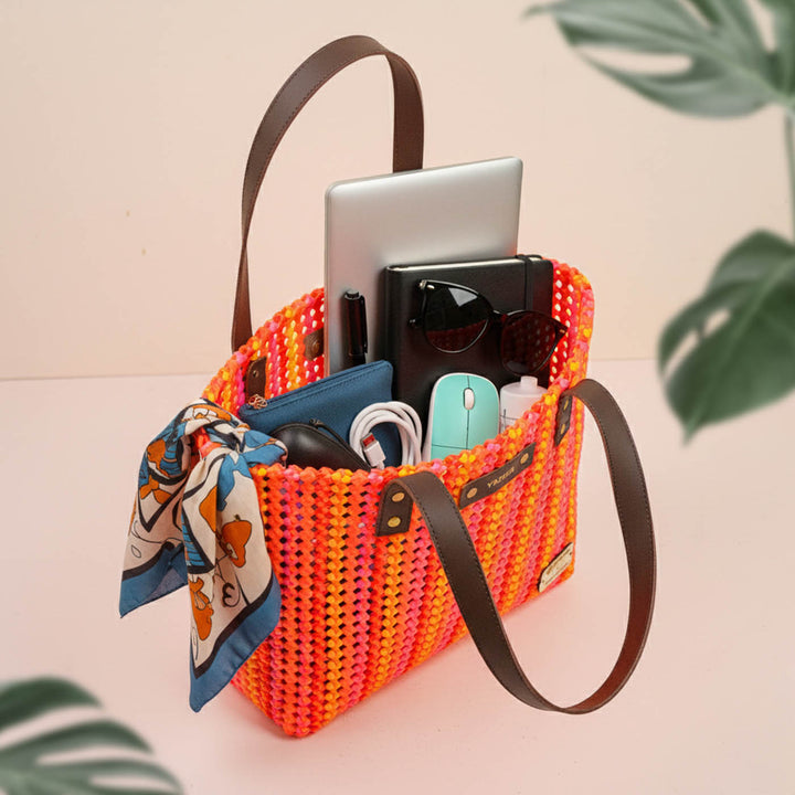 Red And Orange Stripes Handmade Wire Koodai Tote Bag