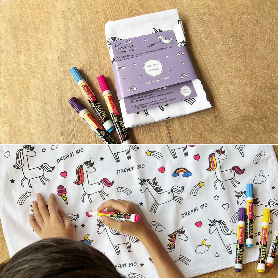 Color Your Own Doodle Art Pillow Case & Fabric Markers For Kids