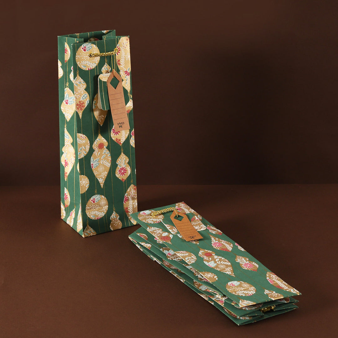 3 Pc | Handmade Green Paper Ornament Wine Bag