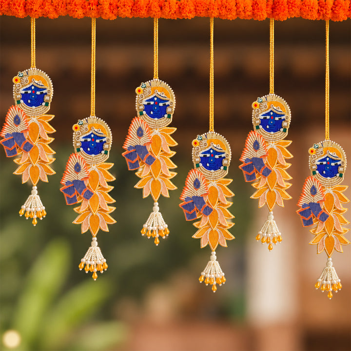 Handmade Cut Bead And Gota Thread Krishna Work Hanging With Peacock Feather, Lotus & Pearl Tassel