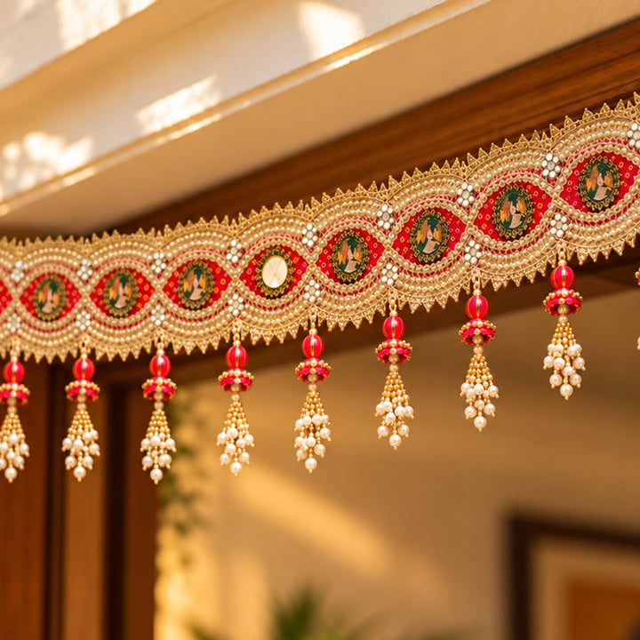 Handmade Bandhej & Tassel Toran With Gota Patti & Moti Detailing