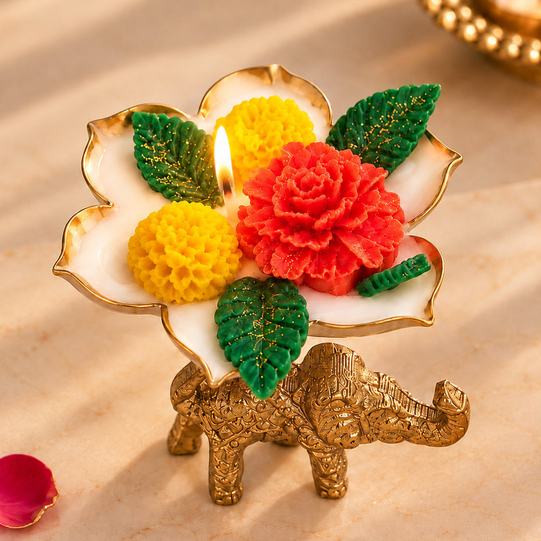 Handcrafted Royal Elephant Bloom Floral Golden Aluminium Mogra Scented Soy Wax Candle