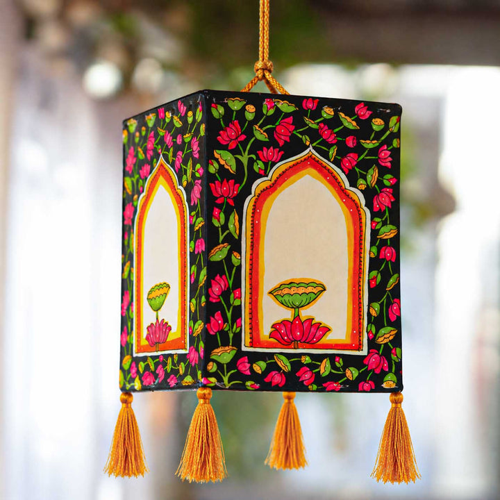 Hand Painted Lotus Tholu Bommalata Parchment Leather Hanging Lamp/Kandil - Black