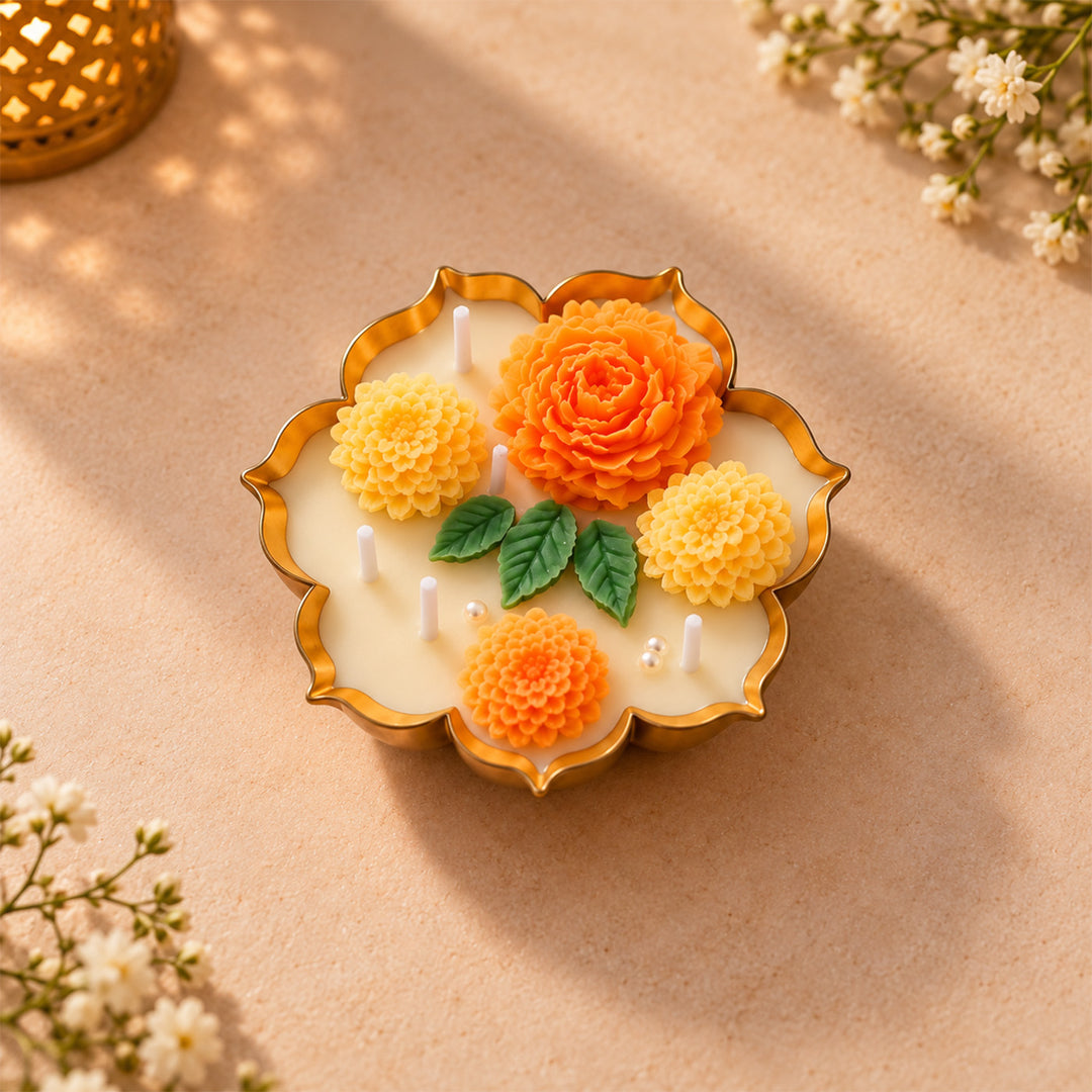 Handmade Kamal Marigold Design Metal Urli Soy Wax Scented Candle For Festive Decor