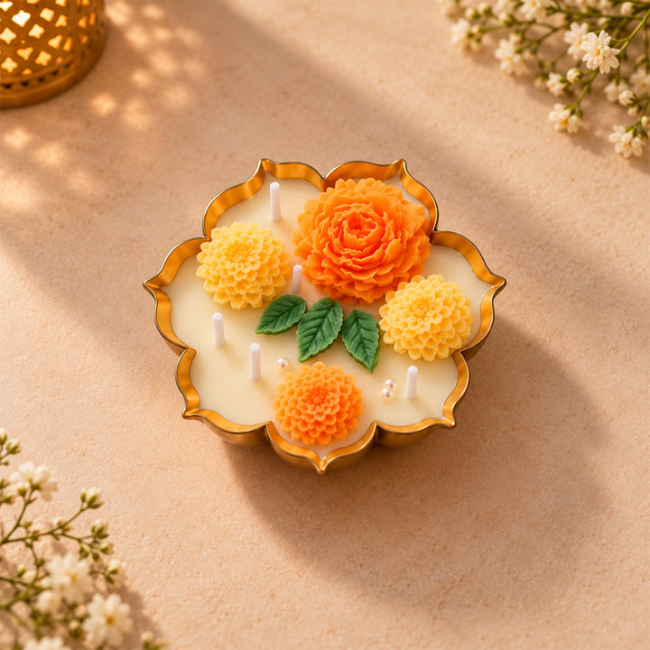 Handmade Kamal Marigold Design Metal Urli Soy Wax Scented Candle For Festive Decor