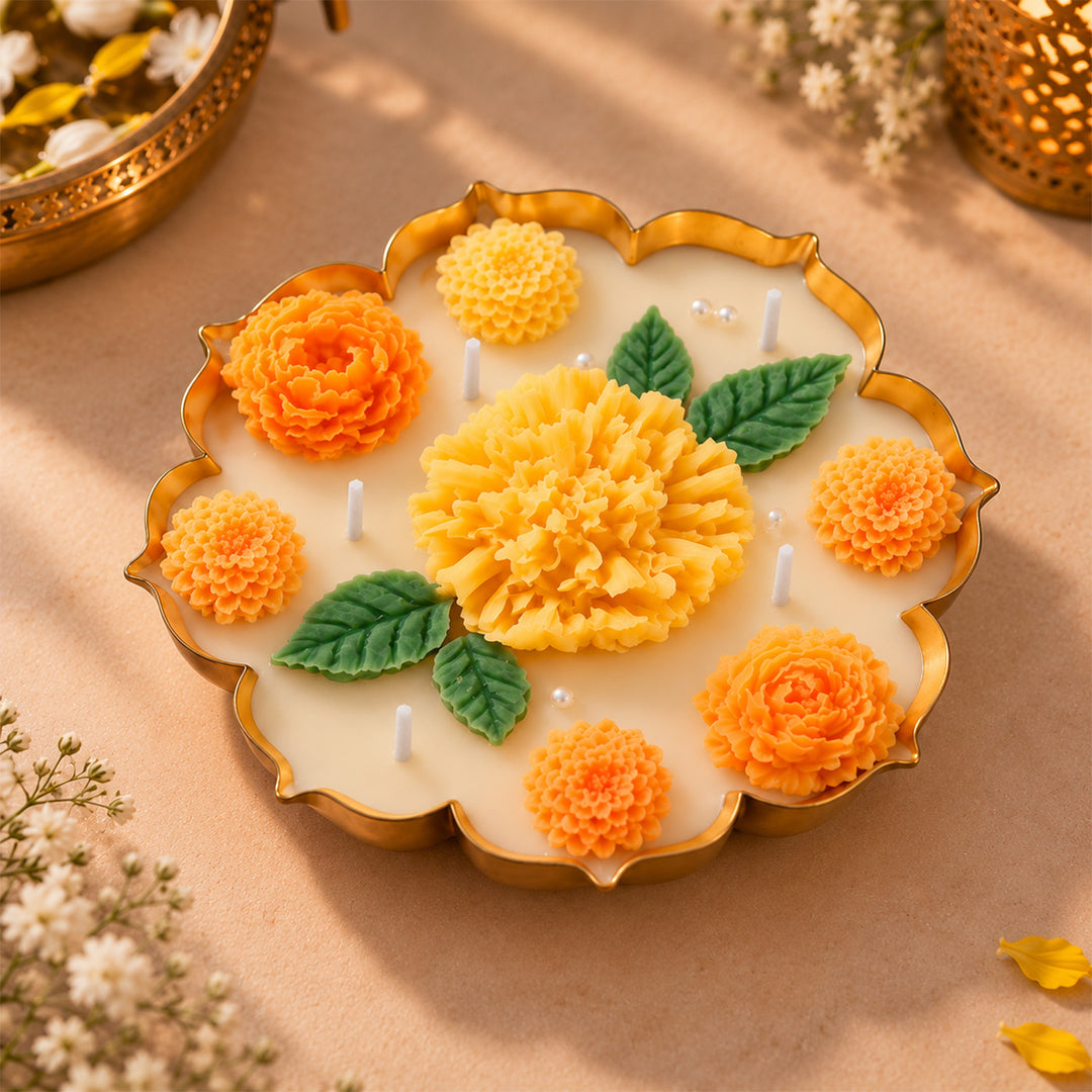 Handmade Kamal Marigold Design Metal Urli Soy Wax Scented Candle For Festive Decor