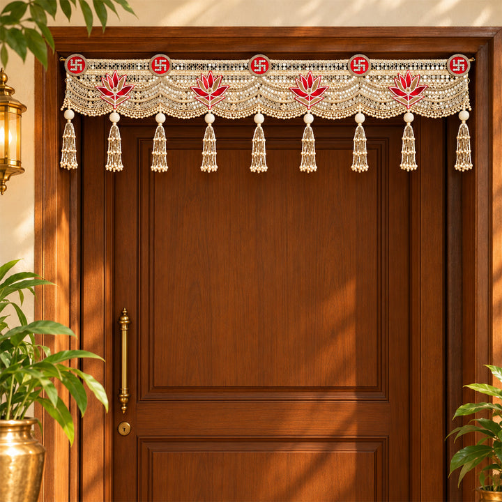 Handmade Lotus & Swastik Tassel Toran With Zari & Gota Patti Detailing