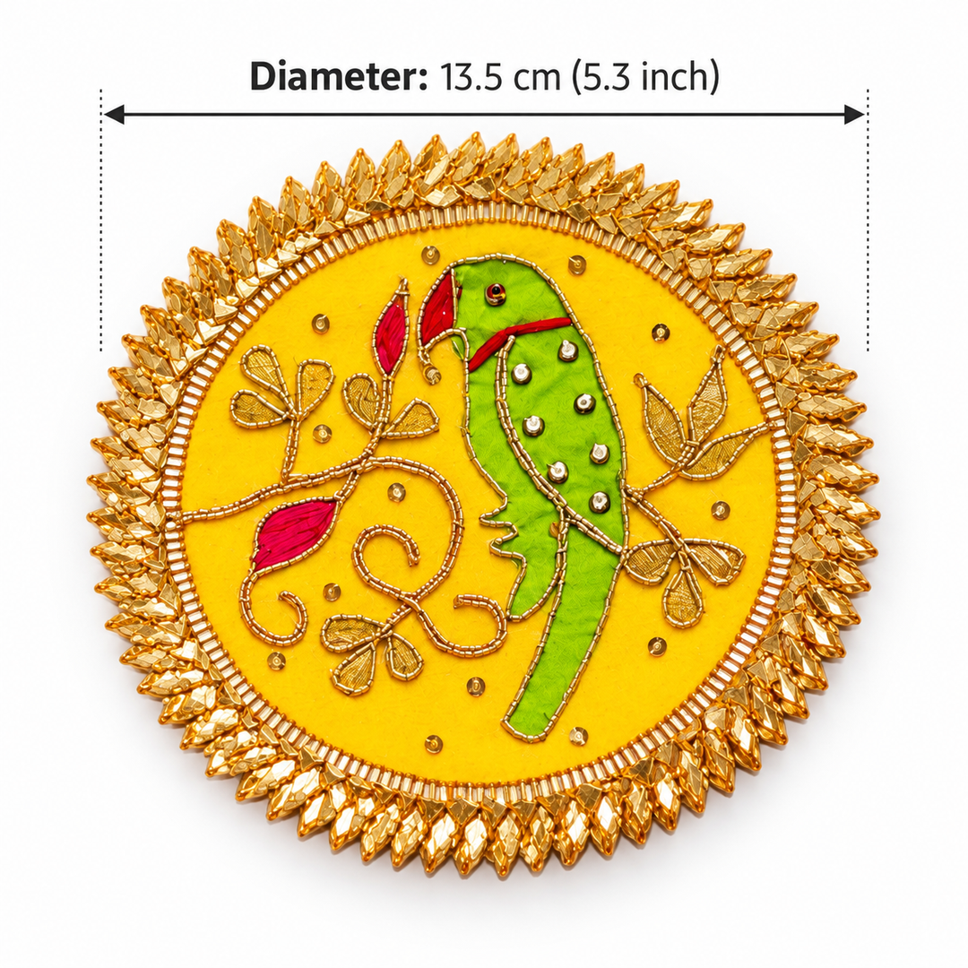5.3 Inch | Handmade Mithu Gota Patti Yellow Parrot Rangoli for Festive Decor