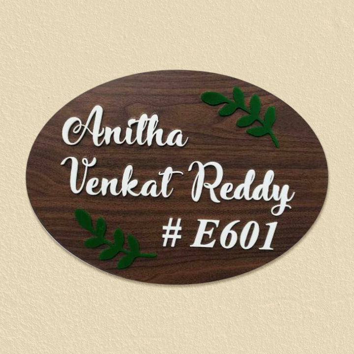 Personalized Oval Leaves Theme Mdf Wood Name Plate