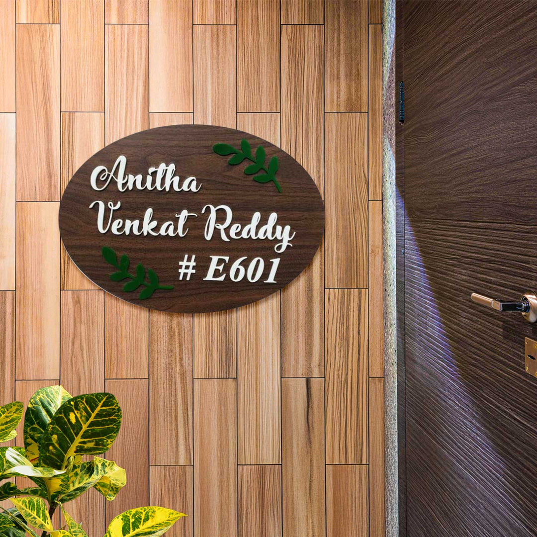 Personalized Oval Leaves Theme Mdf Wood Name Plate