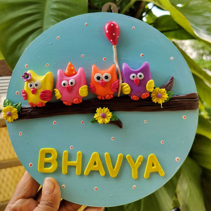 Personalized Owl Themed Miniature Clay Name Plate For Kids - Front View with Name Personalization