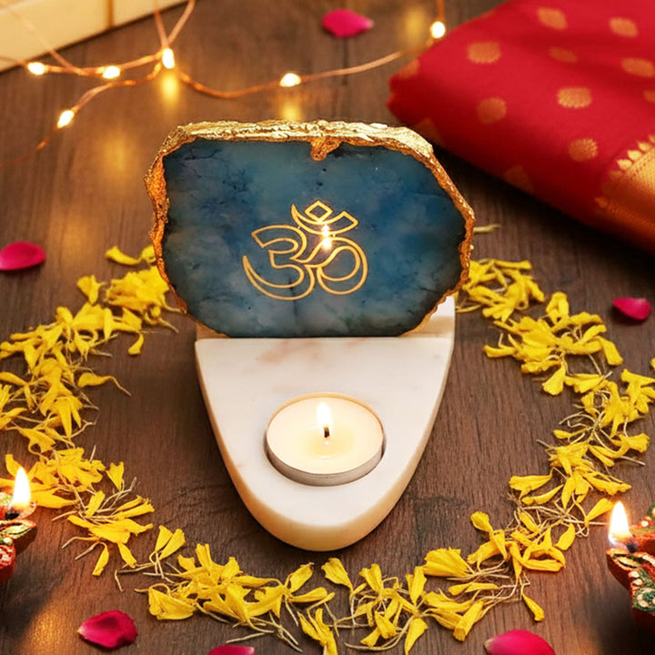 Handmade Turquoise Om Agate Decor With Marble Base Tea Light Holder
