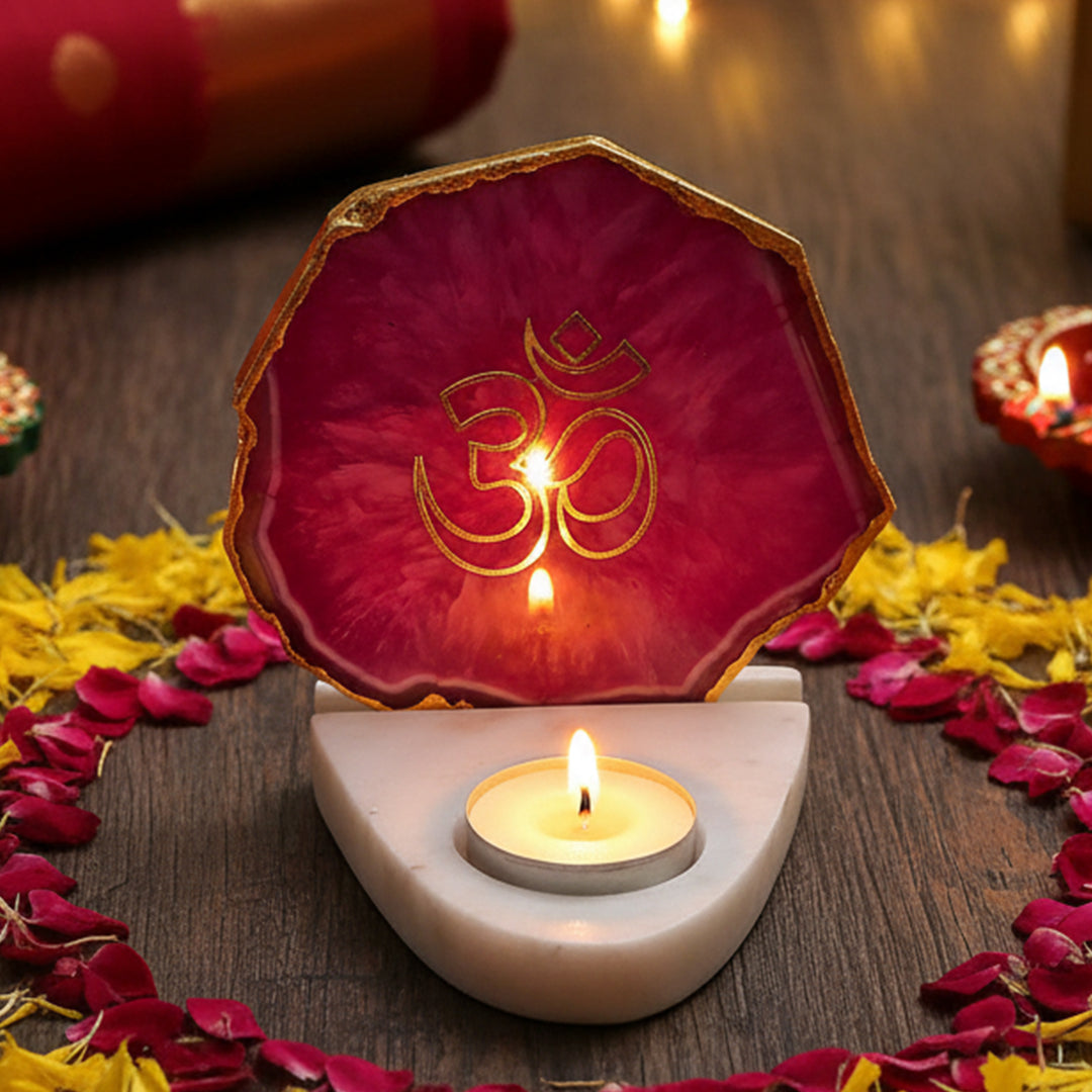 Handmade Pink Om Agate Decor With Marble Base Tea Light Holder