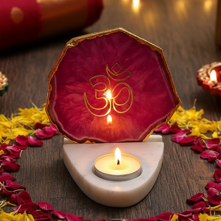 Handmade Pink Om Agate Decor With Marble Base Tea Light Holder