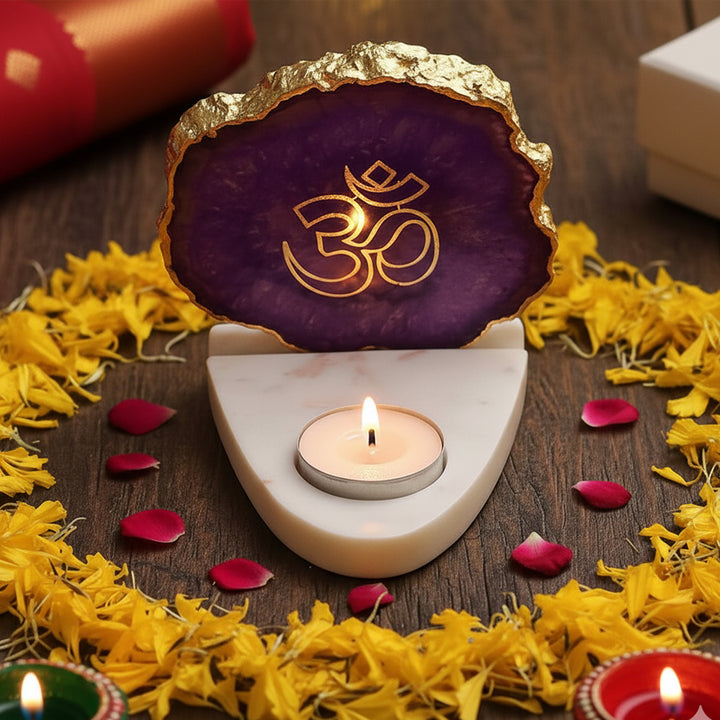 Handmade Purple Om Agate Decor With Marble Base Tea Light Holder