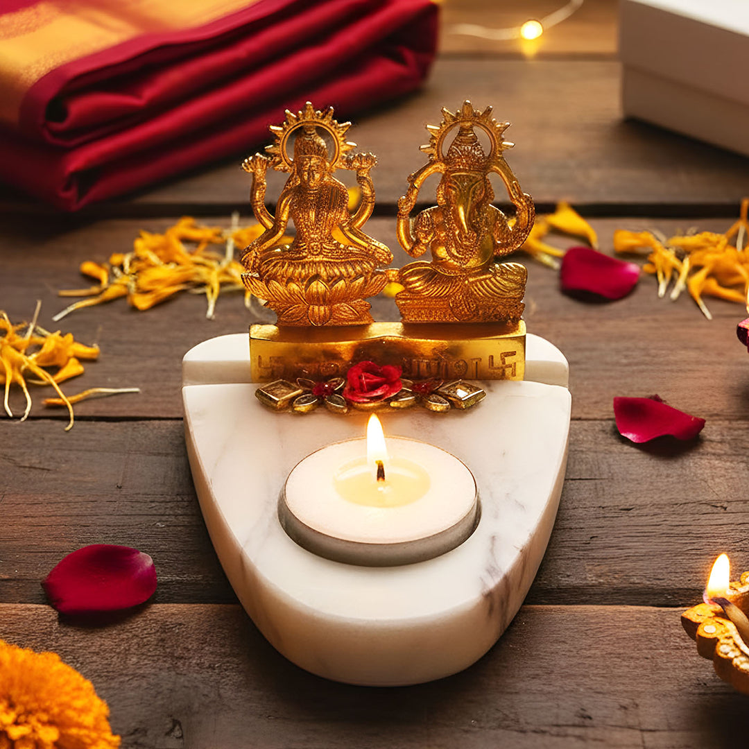 Handmade Laxmi Ganesha With Marble Base Tea Light Holder