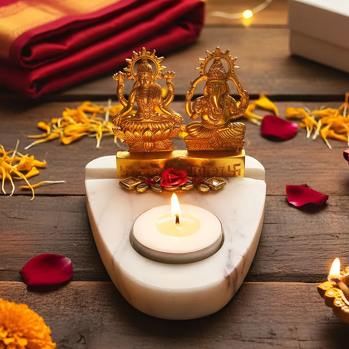 Handmade Laxmi Ganesha With Marble Base Tea Light Holder