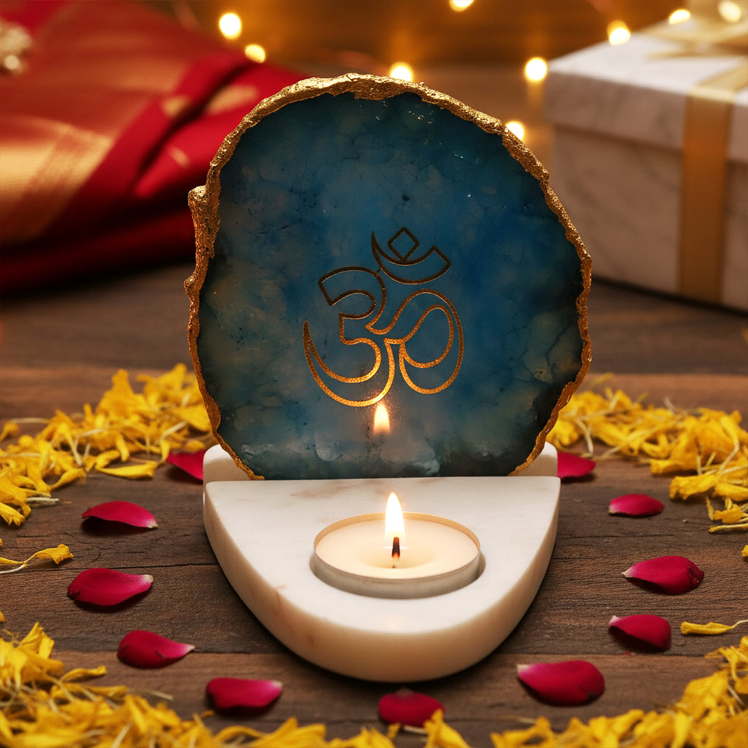 Handmade Turquoise Om Agate Decor With Marble Base Tea Light Holder