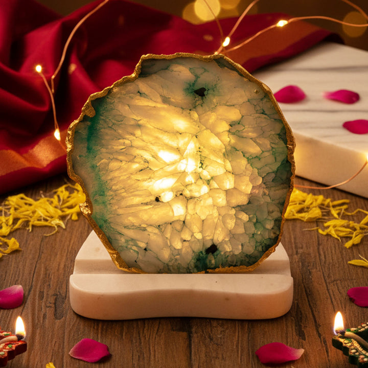 Handmade Decorative Green Agate Stone Tea Light Holder With Marble Base