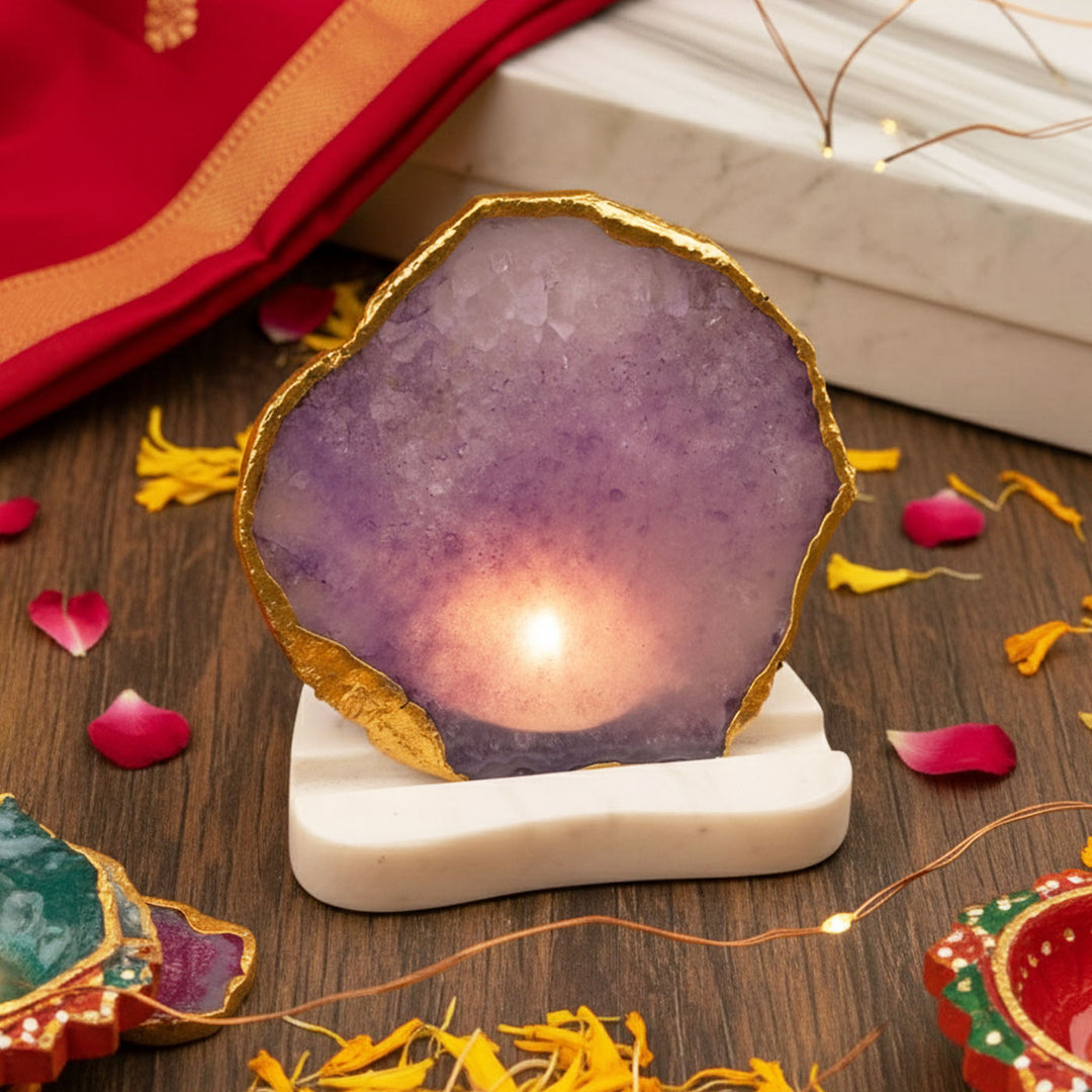 Handmade Decorative Purple Agate Stone Tea Light Holder With Marble Base