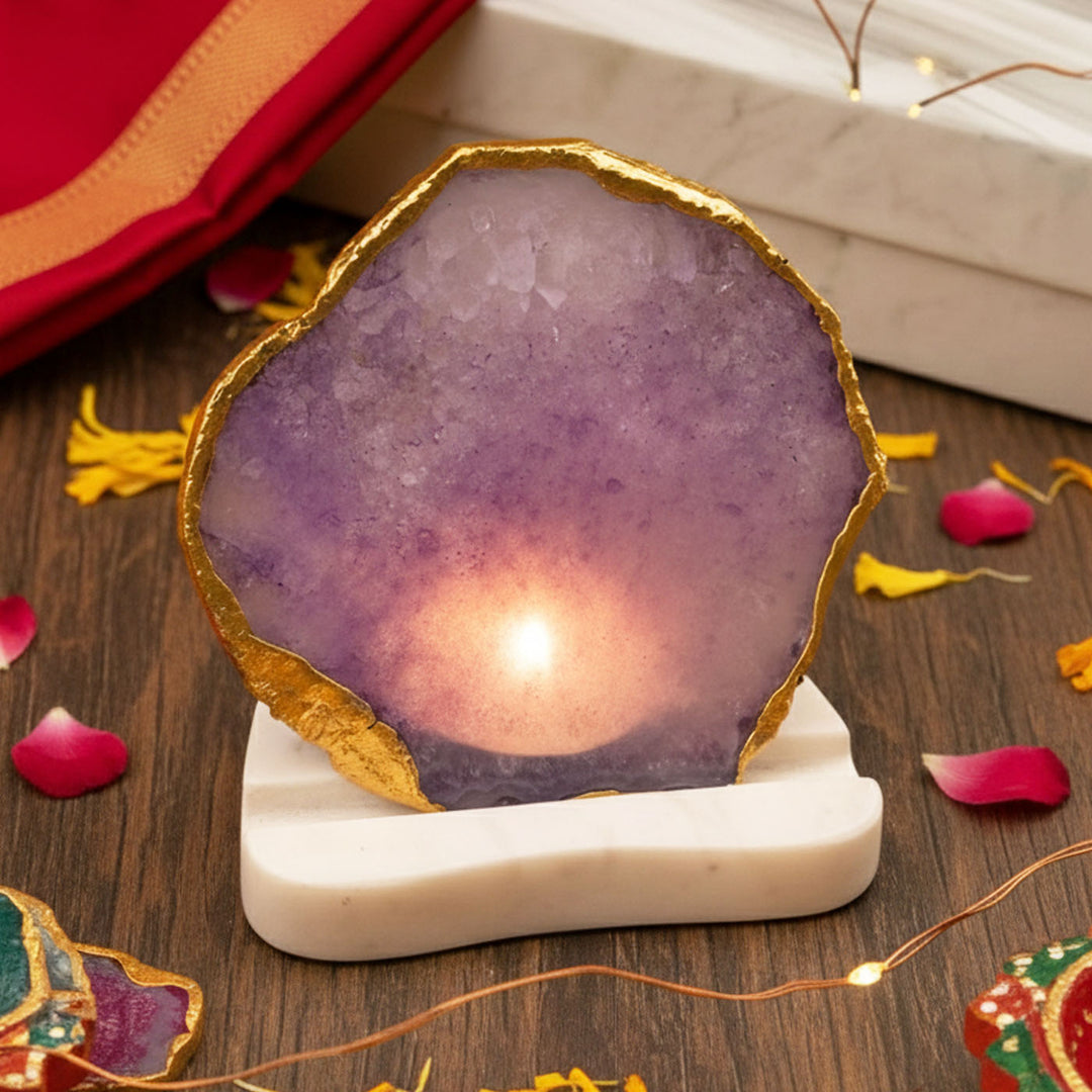 Handmade Decorative Purple Agate Stone Tea Light Holder With Marble Base