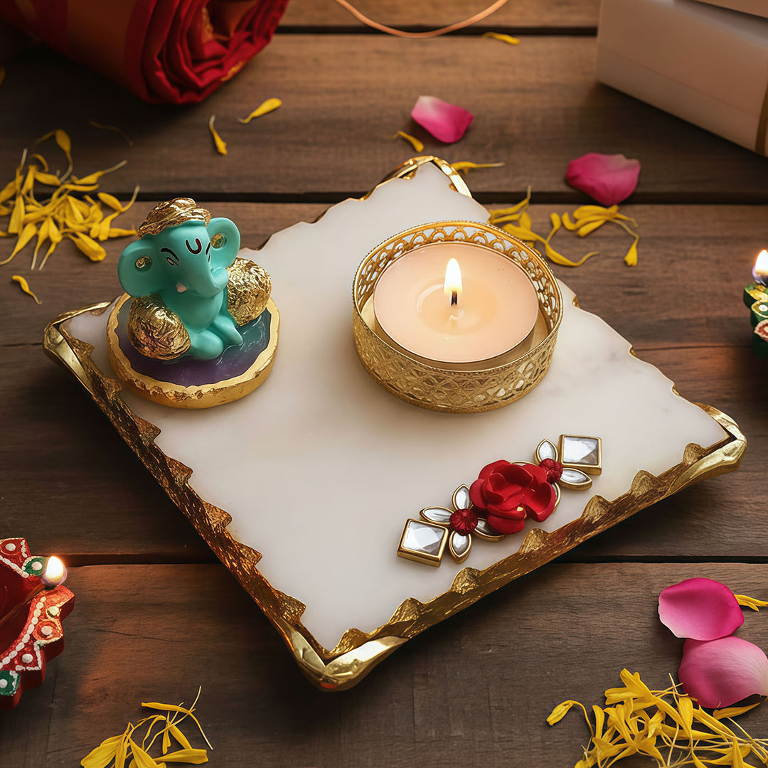 Handmade Green Ganesha With Marble Pooja Chowki And Tea Light Holder