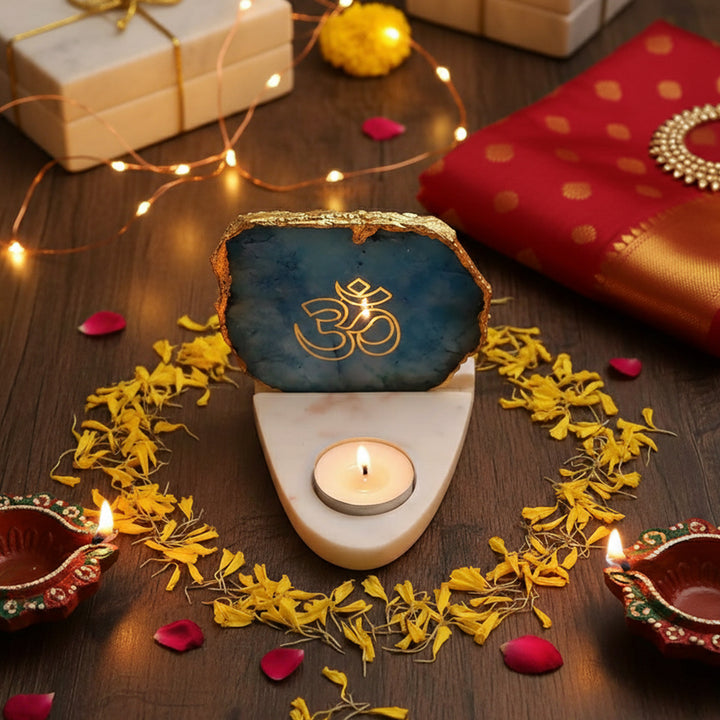 Handmade Green Om Agate Decor With Marble Base Tea Light Holder