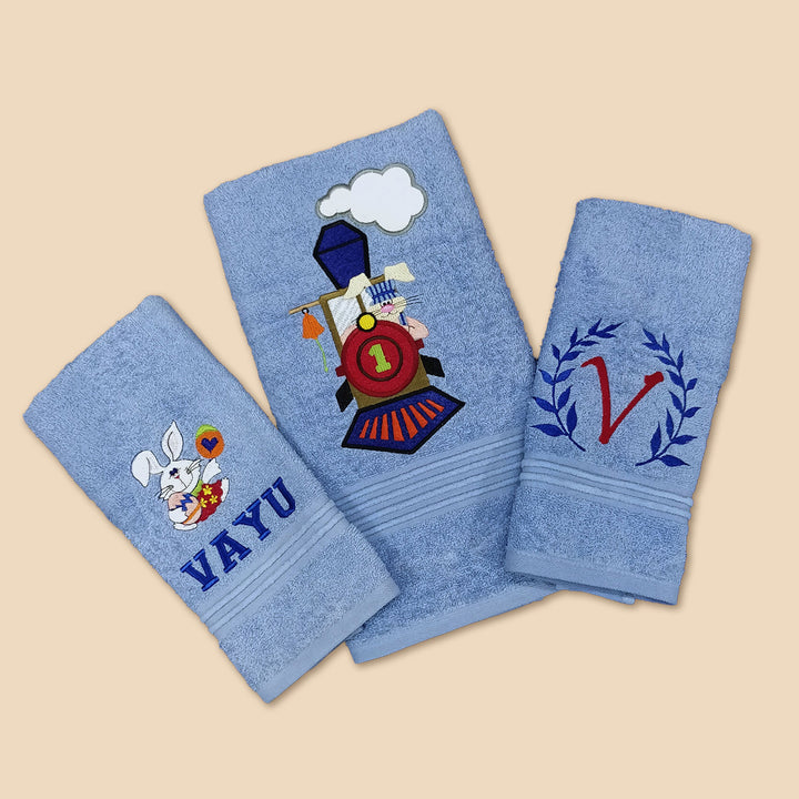 Embroidered Personalized Egyptian Cotton Kids Towel - Set of 3 | Bunnies & Trains