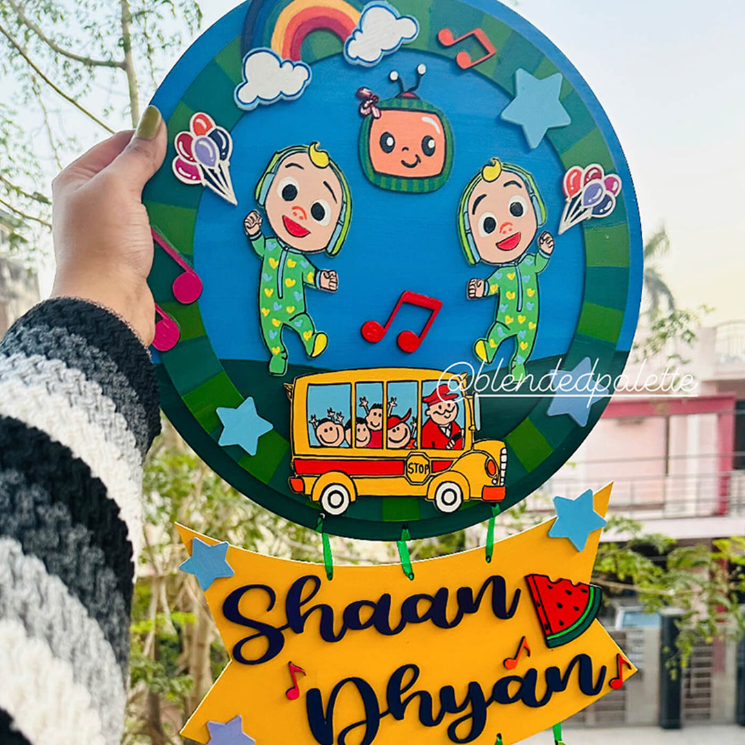Hand Painted Personalized Cocomelon & Animal Sibling Nameplate