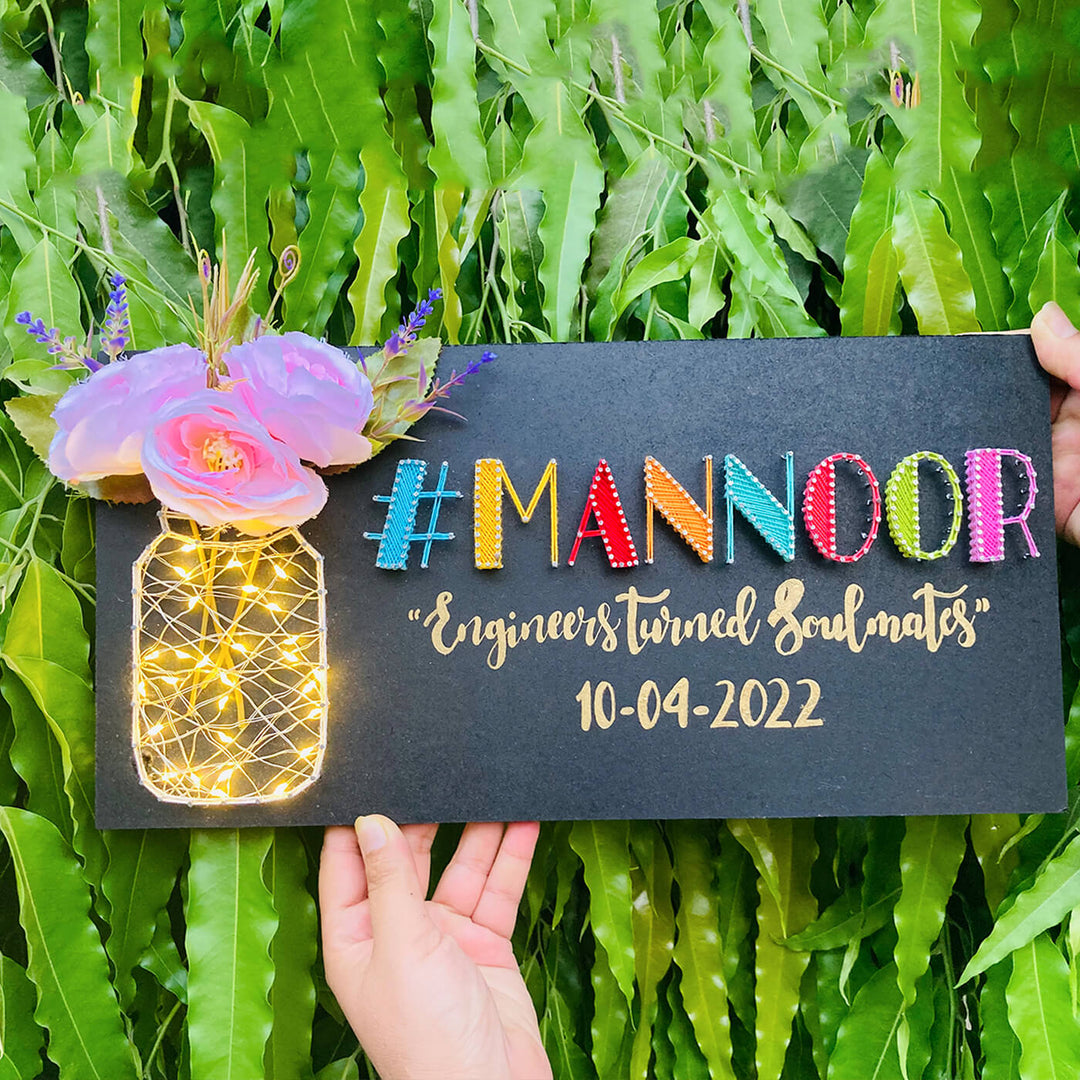 Mason Jar String Art Couple Hashtag Nameplate with Lights